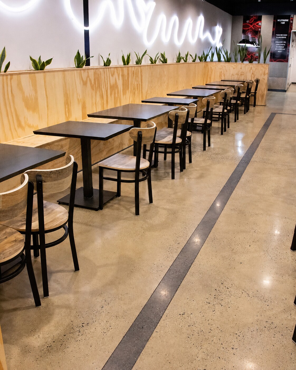 Honed concrete floor with visible natural slab character