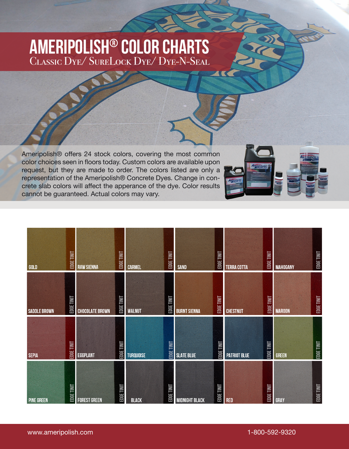 Official Ameripolish concrete dye color chart showing 24 labeled colors, including Black and Midnight Black near the bottom.