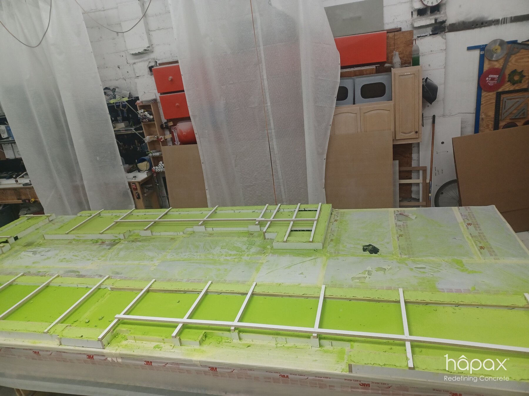 Detailed fabrication view of the reinforced forms and equipment openings for the Neat Bird counter.